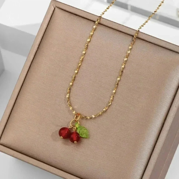 NWT Gold Cherry Necklace - Red Beads Stainless Steel Waterproof Adjustable Chain - Picture 2 of 6